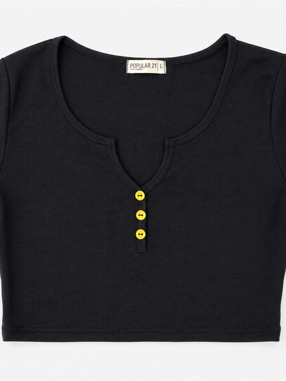 Womens Black Ribbed Henley Crop Top with Yellow Buttons‎